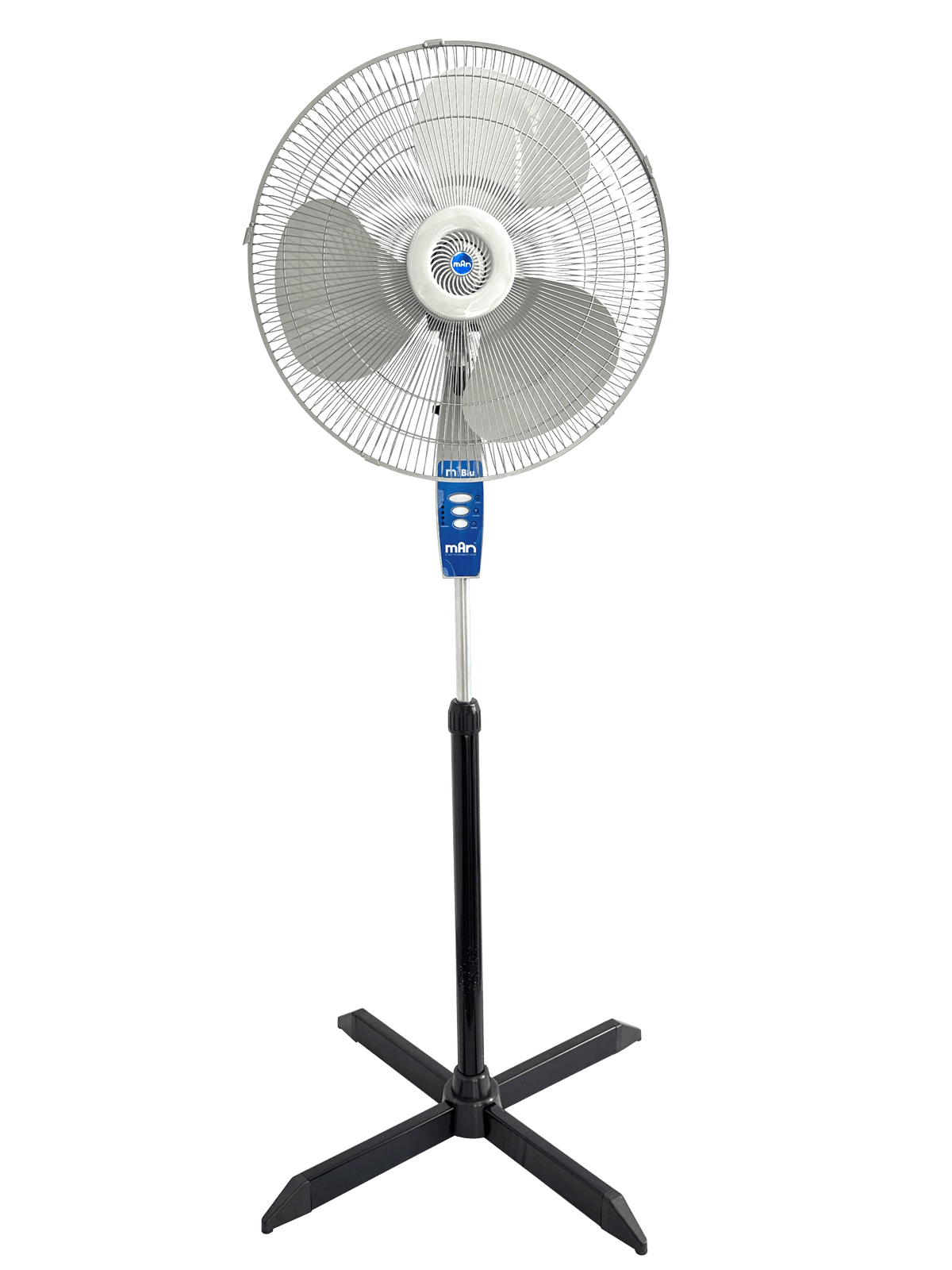 MiBlu 18-inch gray oscillating pedestal fan with black cross base and blue remote control, front view