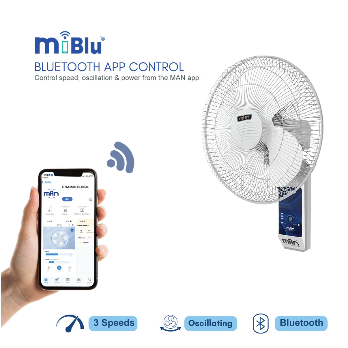 MAN 16 Inch Oscillating Wall Fan – 2,543 CFM, 3 Speeds, Bluetooth App Control - MAN Industries